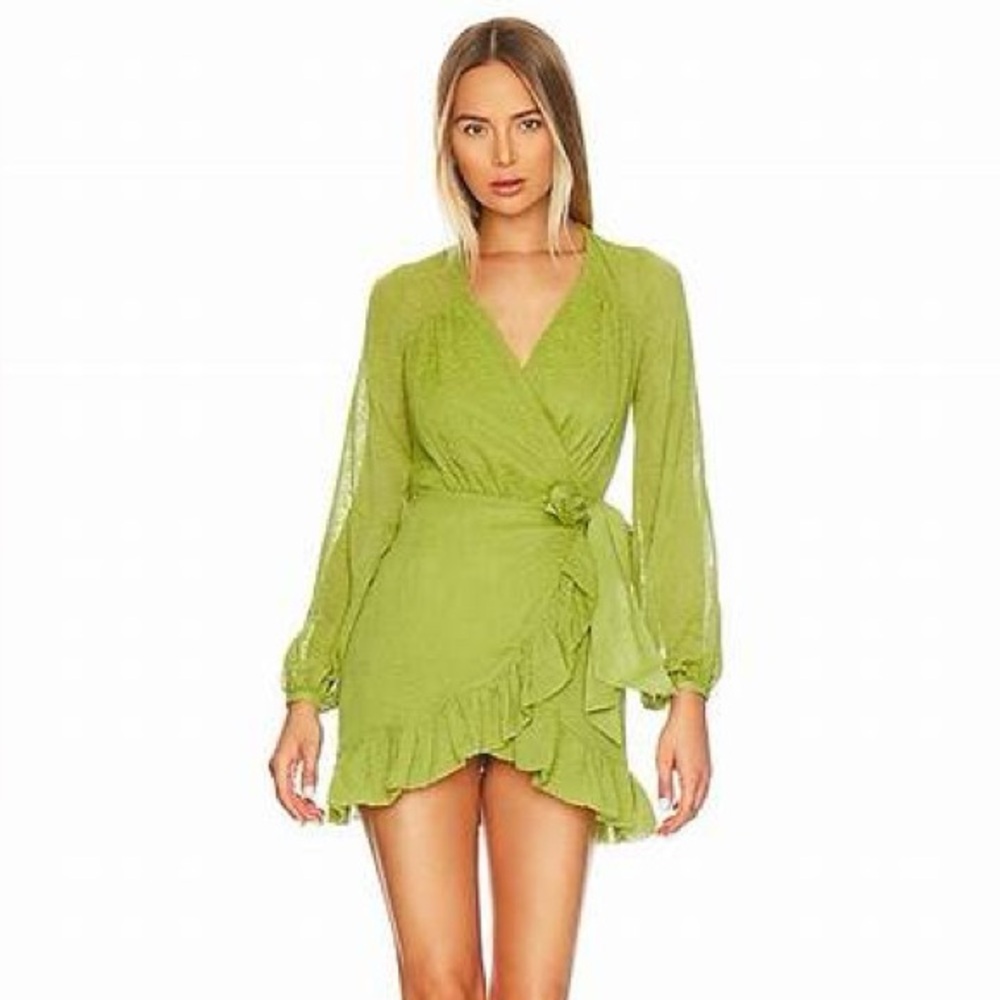 Tularosa Womens Green Mini Wrap Dress Bishop Sleeves Ruffle Texture Semi Sheer